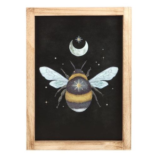 Forest Bee framed wall print with detailed bee illustration, crescent moon and stars on a black background in a wooden frame – Panache Homeware Kitchen Collection, celestial boho wall art, mystical home decor, perfect gift.