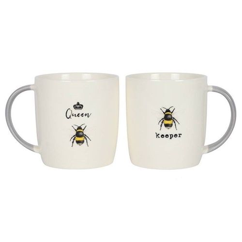 Set of two white ceramic mugs – Queen Bee and Bee Keeper with bee designs – Panache Homeware Kitchen Collection, cute cottagecore mug set, perfect gift