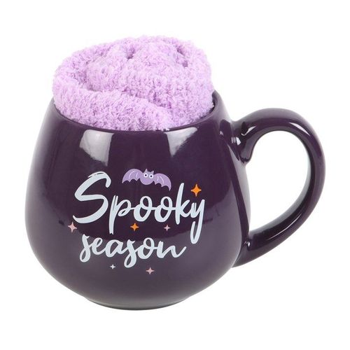 Purple ceramic mug with ‘Spooky Season’ text and purple cozy – Panache Homeware Kitchen Collection, cute Halloween coffee cup.