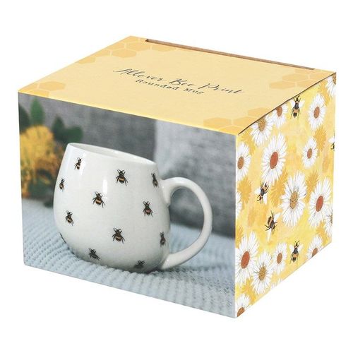 White mug with bee and daisy design in gift packaging.