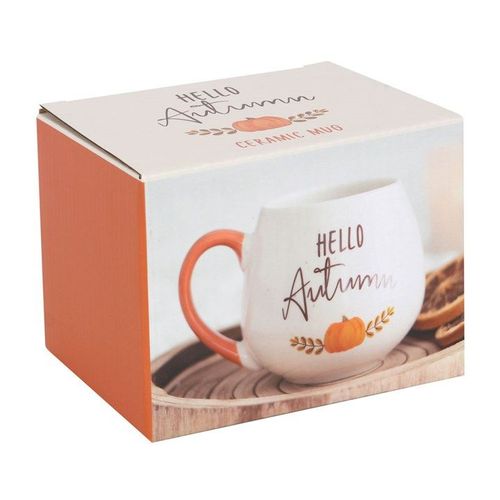 Rounded Hello Autumn ceramic mug with pumpkin print – Panache Homeware Kitchen Collection, farmhouse style autumn coffee cup, perfect gift.