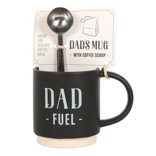 Black ceramic mug with ‘Dad Fuel’ text and metallic coffee scoop – Panache Homeware Kitchen Collection, Father’s Day mug and spoon gift set.