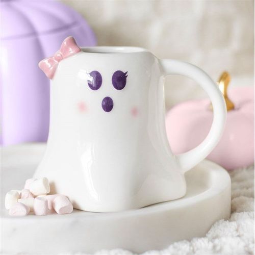 White ghost-shaped ceramic mug with pink bow – Panache Homeware Kitchen Collection, cute spooky cottagecore coffee cup.