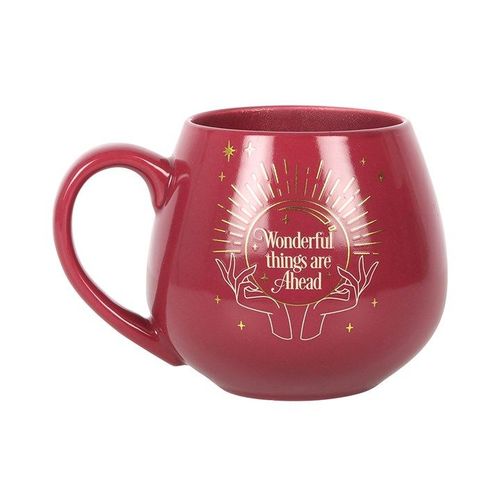 Pink ceramic mug with golden crystal ball design and ‘Wonderful Things Are Ahead’ text – Panache Homeware Kitchen Collection, glossy inspirational coffee cup.