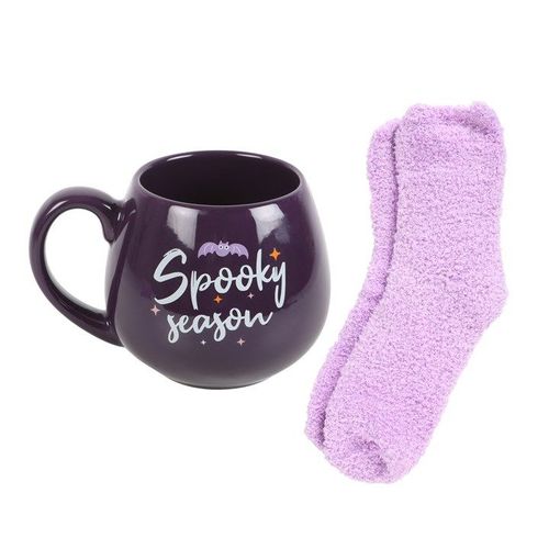 Purple ceramic mug with ‘Spooky Season’ text and fluffy purple socks – Panache Homeware Kitchen Collection, cozy Halloween gift mug.
