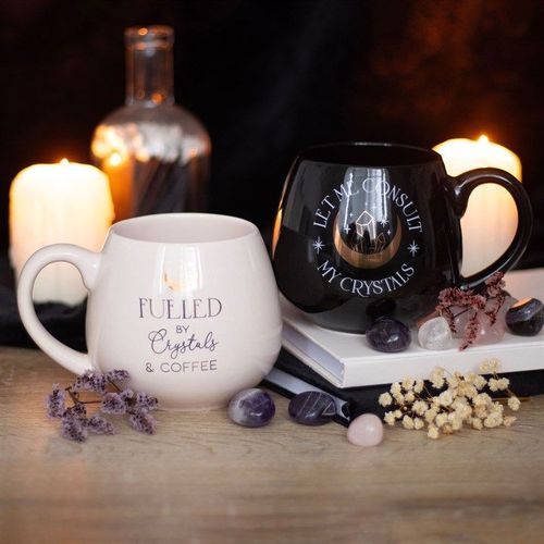 Set of two ceramic mugs with crystal and coffee-themed designs – Panache Homeware Kitchen Collection, mystical cottagecore coffee cups, perfect gift.