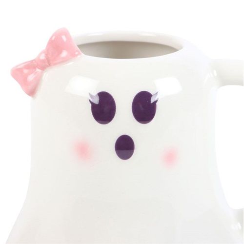 White ghost-shaped ceramic mug with pink bow – Panache Homeware Kitchen Collection, cute spooky Halloween coffee cup.